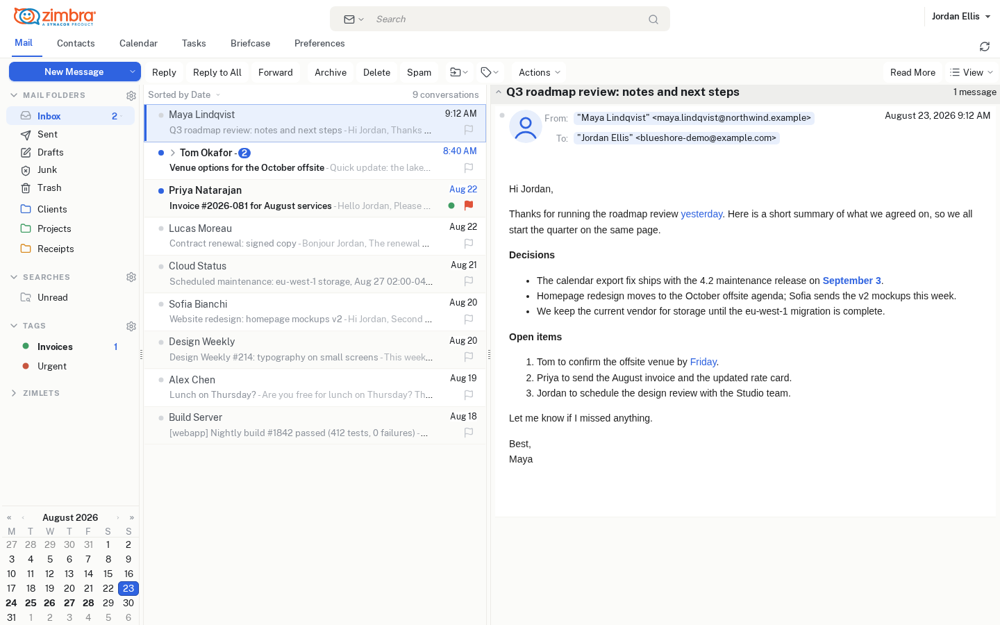 Zimbra Classic UI with the Blueshore Tide skin: mail list and reading pane with modern SVG icons and clean typography